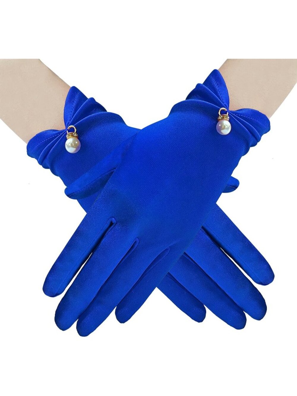 Women Blue Elegant Pearl Short Opera Dinner Halloween Floral Lace Gloves